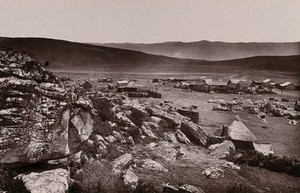 view Devil's Kantoor, South Africa: a rocky slope near the De Kaap alluvial gold fields. Woodburytype, 1888, after a photograph by Robert Harris.