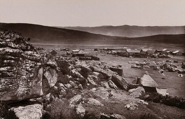 Devil's Kantoor, South Africa: a rocky slope near the De Kaap alluvial gold fields. Woodburytype, 1888, after a photograph by Robert Harris.