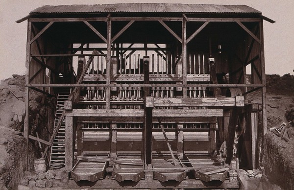 South Africa: the battery of the Republic Gold Mining Company. Woodburytype, 1888, after a photograph by Robert Harris.