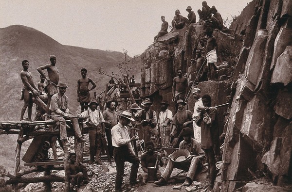 De Kaap Gold Fields, South Africa: miners of the Republic Gold Mining Company. Woodburytype, 1888, after a photograph by Robert Harris.