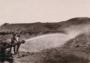 view Lydenberg Gold Fields, South Africa: hydraulic mining. Woodburytype, 1888, after a photograph by Robert Harris.