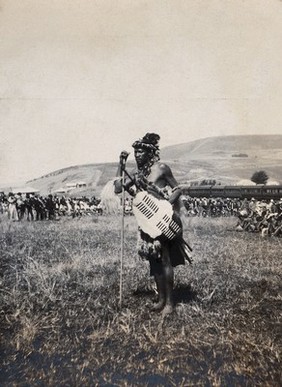 Natal, South Africa: an African man acting as the official witness at a Zulu wedding at Henley. Photograph by Agnes Henderson, Mrs G.G. Henderson, 1905.