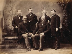 view Six American (?) men: standing, left to right: R. Cornelious, W. Johnson, Edward Paul, A. Leroux; seated, left to right: R. Webb, W. Richardson. Photograph, ca. 1880.