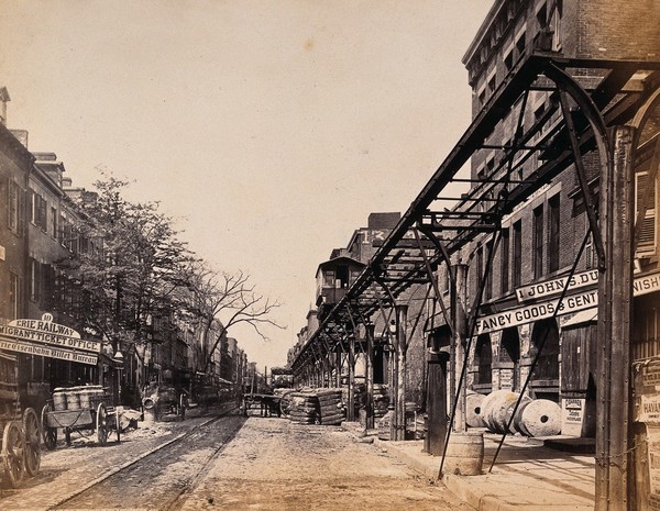 Greenwich Street, New York City: an elevated railway. Photograph by Francis Frith, ca. 1875.