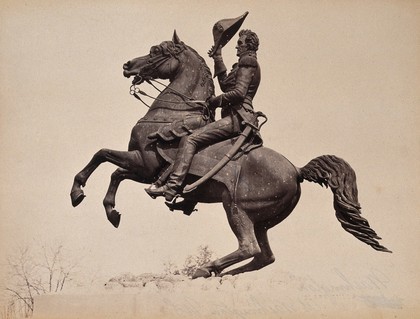 General Andrew Jackson: equestrian statue: Lafayette Park, Washington D.C. Photograph, ca. 1880, of a bronze statue by Clark Mills, 1853.