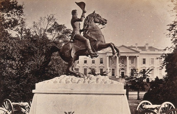 General Andrew Jackson: equestrian statue; showing the White House in the background: Lafayette Park, Washington D.C. Photograph, ca. 1880, of a bronze statue by Clark Mills, 1853.