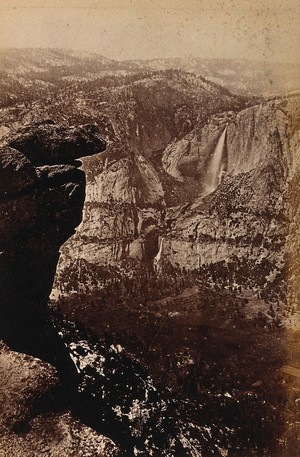 view Yosemite National Park, California: the Yosemite Falls: distant view. Photograph, ca. 1880.