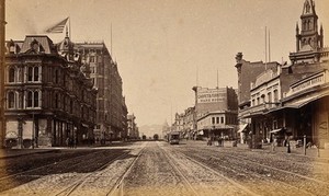 view San Francisco, California: Market Street, showing trams. Photograph, ca. 1880.