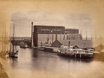 Chicago, Illinois: a grain elevator on the Chicago River. Photograph, ca. 1880.