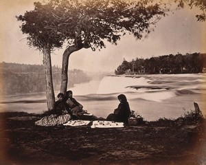 view Niagara Falls, Canada: the Canadian Falls viewed from Luna Island: three Native American women sit beneath a tree selling souvenirs. Photograph, ca. 1880.