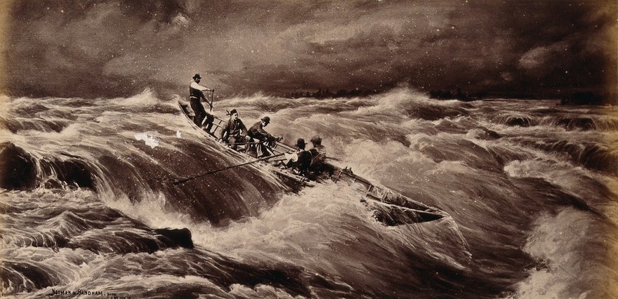 The Lachine Rapids, St. Lawrence River, Canada: Big John Canadien, a Mohawk, navigates the rapids with a party of men in a nine metre boat. Photograph by Notman & Sandham, 1878.