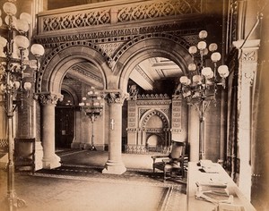 view New York State Capitol, Albany, New York: interior, a highly ornate room. Photograph, ca. 1880.