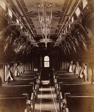 view A Pullman railway car: interior. Photograph, ca. 1880.