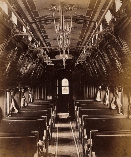 A Pullman railway car: interior. Photograph, ca. 1880.