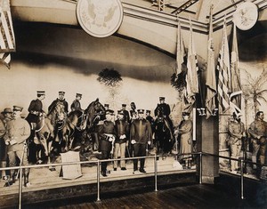 view The 1904 World's Fair, St. Louis, Missouri: an exhibit of United States military uniforms: models of men and horses. Photograph, 1904.