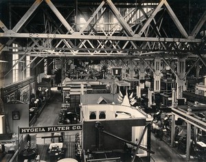 view The 1904 World's Fair, St. Louis, Missouri: an exhibition hall showing the Hygeia Filter Company stand: elevated view. Photograph, 1904.