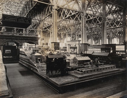 The 1904 World's Fair, St. Louis, Missouri: the Consolidation, Fairmont and Somerset Coal Companies exhibition stand: models of the mines. Photograph, 1904.