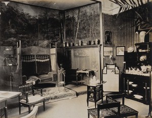 view The 1904 World's Fair, St. Louis, Missouri: German interior design: room furnished for a female artist. Photograph, 1904.