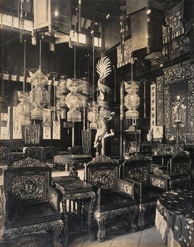 The 1904 World's Fair, St. Louis, Missouri: the Chinese pavilion: decorative furniture, lamps and other interior decorations. Photograph, 1904.