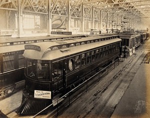view The 1904 World's Fair, St. Louis, Missouri: transportation exhibit: American train carriages. Photograph, 1904.