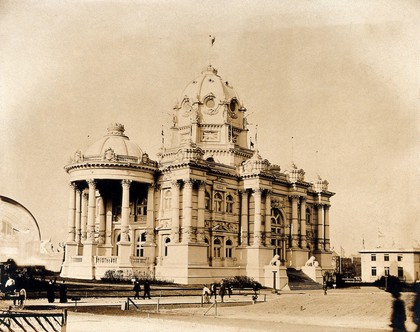 The 1904 World's Fair, St. Louis, Missouri: the Brazil building (left) and a Native American craftwork shop (right). Photograph, 1904.