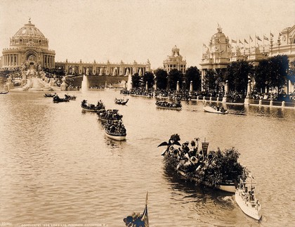 The 1904 World's Fair, St. Louis, Missouri: the Festival Hall with gondolas and a swan-boat on the Grand Basin. Photograph, 1904.