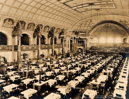 The 1904 World's Fair, St. Louis, Missouri: the Tyrolean Alps restaurant: large dining hall: interior. Photograph, 1904.