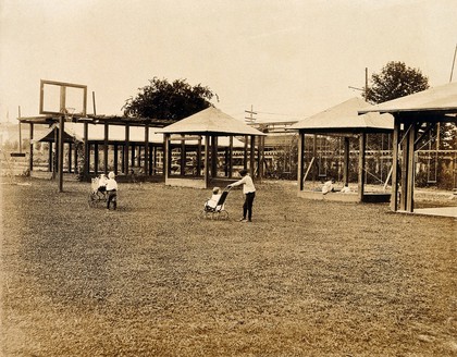 The 1904 World's Fair, St. Louis, Missouri: the children's creche: two children in pushchairs on the grass; swings and hammocks in the background. Photograph, 1904.