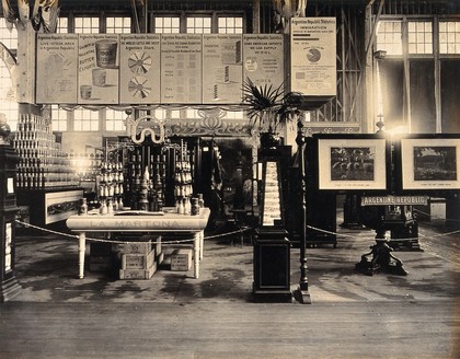 The 1904 World's Fair, St. Louis, Missouri: an Argentine agricultural exhibit displaying national produce. Photograph, 1904.