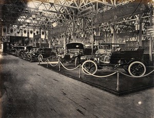 view The 1904 World's Fair, St. Louis, Missouri: an automobile exhibit: French vehicles. Photograph, 1904.