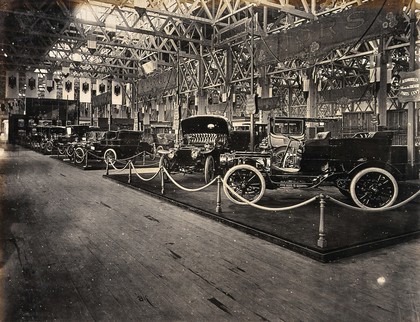 The 1904 World's Fair, St. Louis, Missouri: an automobile exhibit: French vehicles. Photograph, 1904.