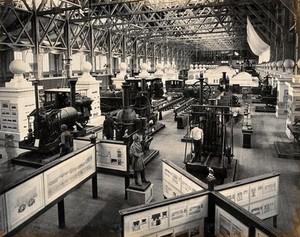 view The 1904 World's Fair, St. Louis, Missouri: a transportation exhibit displaying old engines. Photograph, 1904.