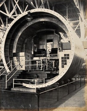 The 1904 World's Fair, St. Louis, Missouri: a transportation exhibit displaying an iron tunnel section. Photograph, 1904.