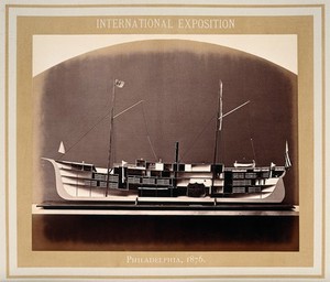 view Philadelphia International Exposition, 1876: the hospital steamboat J.K. Barnes: a model showing the interior in cross-section. Photograph, 1876.