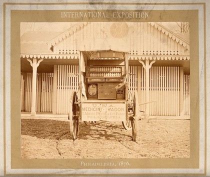 Philadelphia International Exposition, 1876: American Civil War medicine wagon produced by T. Morris Perot and Company. Photograph, 1876.