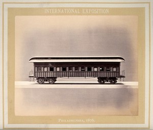 view Philadelphia International Exposition, 1876: American Civil War Army of the Cumberland train carriage: the kitchen car: a model. Photograph, 1876.