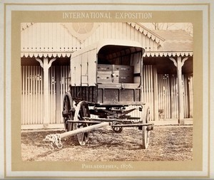 view Philadelphia International Exposition, 1876: American Civil War medicine wagon produced by T. Morris Perot and Company. Photograph, 1876.