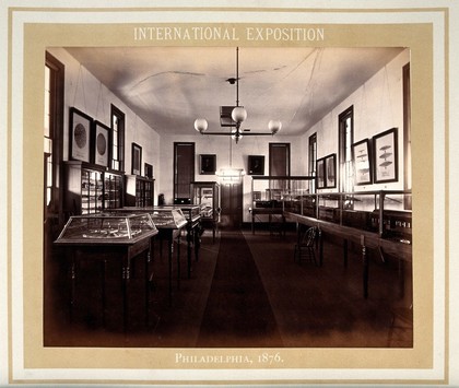 Philadelphia International Exposition, 1876: Hospital of the Medical Department of the U.S. Army: models of hospitals in display cases. Photograph, 1876.