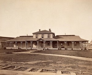 view Philadelphia International Exposition, 1876: Hospital of the Medical Department of the U.S. Army, Philadelphia: front view. Photograph, 1876.