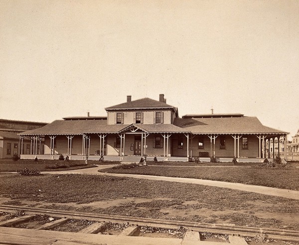 Philadelphia International Exposition, 1876: Hospital of the Medical Department of the U.S. Army, Philadelphia: front view. Photograph, 1876.