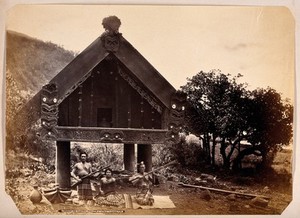 view Lake Taupo, New Zealand: Maori men and woman seated before a traditional house. Albumen print.