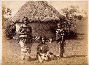 view Nuku'alofa, Tonga: three Tongan women in front of a traditional hut. Albumen print by Burton Bros.