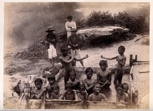 view Rotorua, New Zealand: Maori children in a thermal bath. Albumen print.