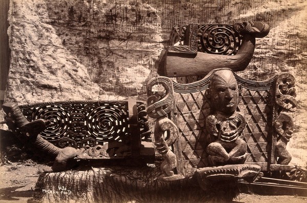 New Zealand: Maori carvings. Albumen print by Pulman Photo.