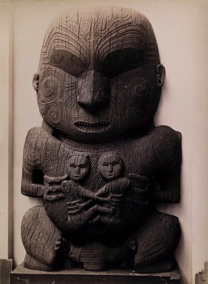 view New Zealand: a Maori carving. Albumen print by J.M.
