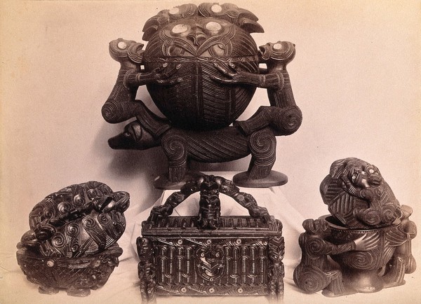 New Zealand: Maori carvings. Albumen print by J.M.