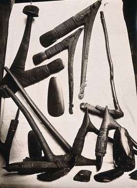 New Zealand: Maori tools or weapons. Albumen print.