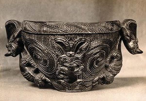 view New Zealand: a carved Maori bowl. Albumen print.