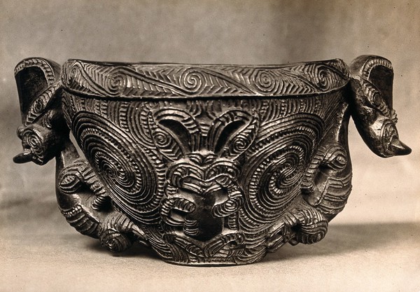 New Zealand: a carved Maori bowl. Albumen print.