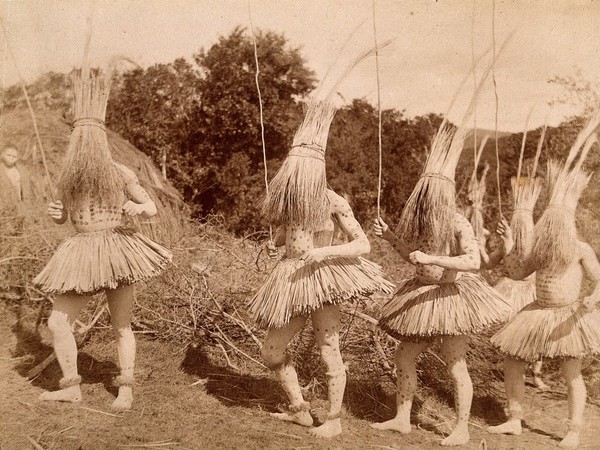Ceremonial dance or war dance. Albumen print.
